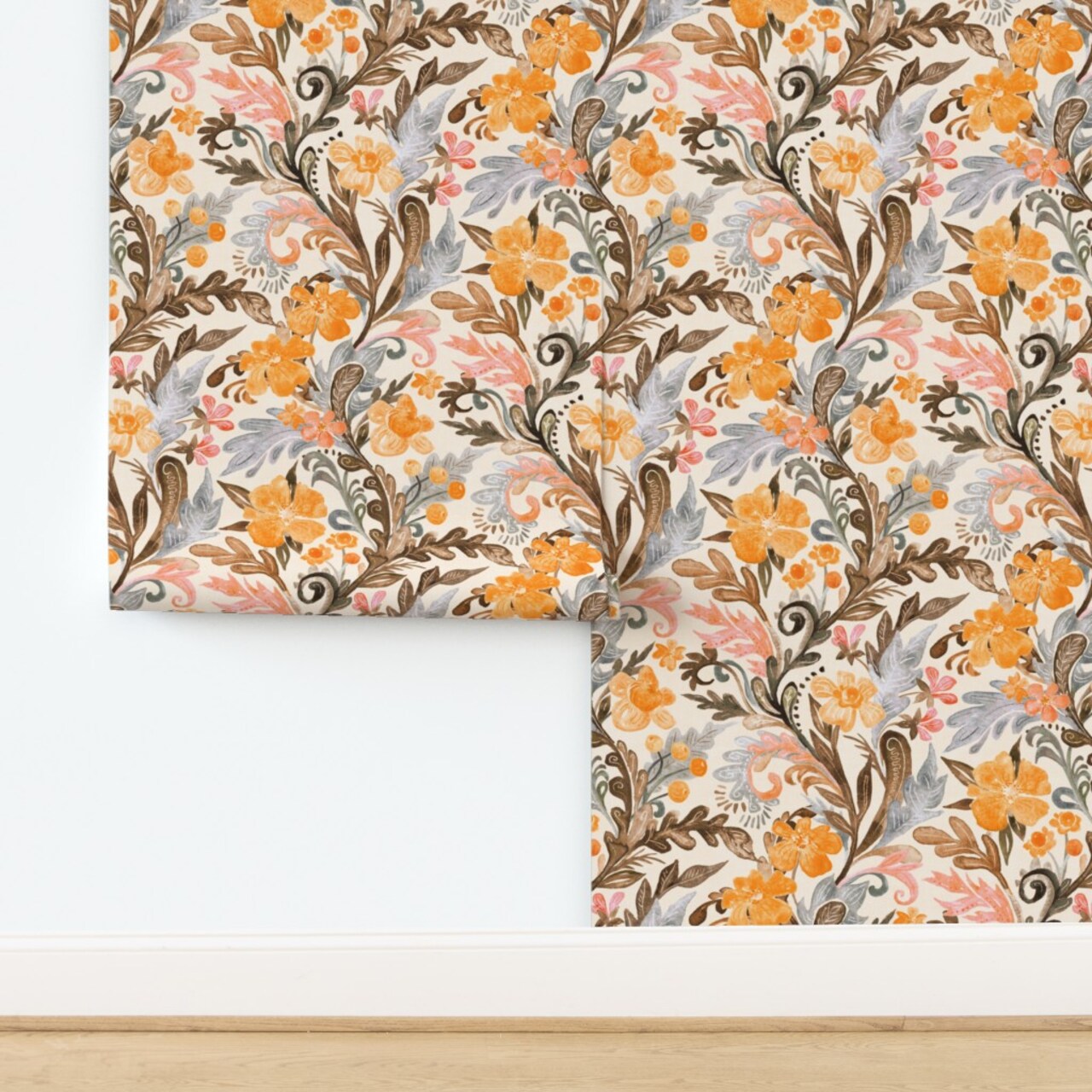 Warm Chintz Floral Bohemian Painted Soft Neutrals Blush Peach Pink Custom Removable Wallpaper by Spoonflower Peel & Stick Wallpaper 2FT Wide
